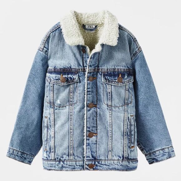 Zara Kids Blue Denim Jacket with Sherpa Lining FLEECE TRIM DENIM JACKET Size 9 - Picture 1 of 7